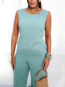 Elegant Linen Pantaloon Jumpsuit Wide Legs And Discreet Pockets - Mint Green - View 5