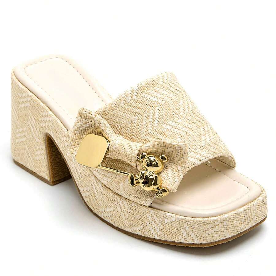 Square Heel Mule With Decorative Detail And Metal Buckle - Beige - View 1
