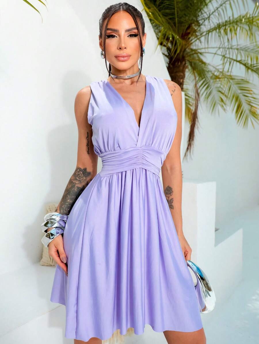 Women's Short Wedding Party Dress / Premium V Neckline / Elegant Casual Sexy Dress / Bridesmaid Dress / Graduation Dress / Engagement Dress - 紫丁香 - 查看 1