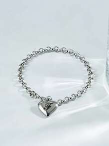 1pc Charm Bracelet With 26 Alphabet Letters, Chunky Jewelry, Heart Design, Suitable For Women And Teens, Perfect Christmas Gift