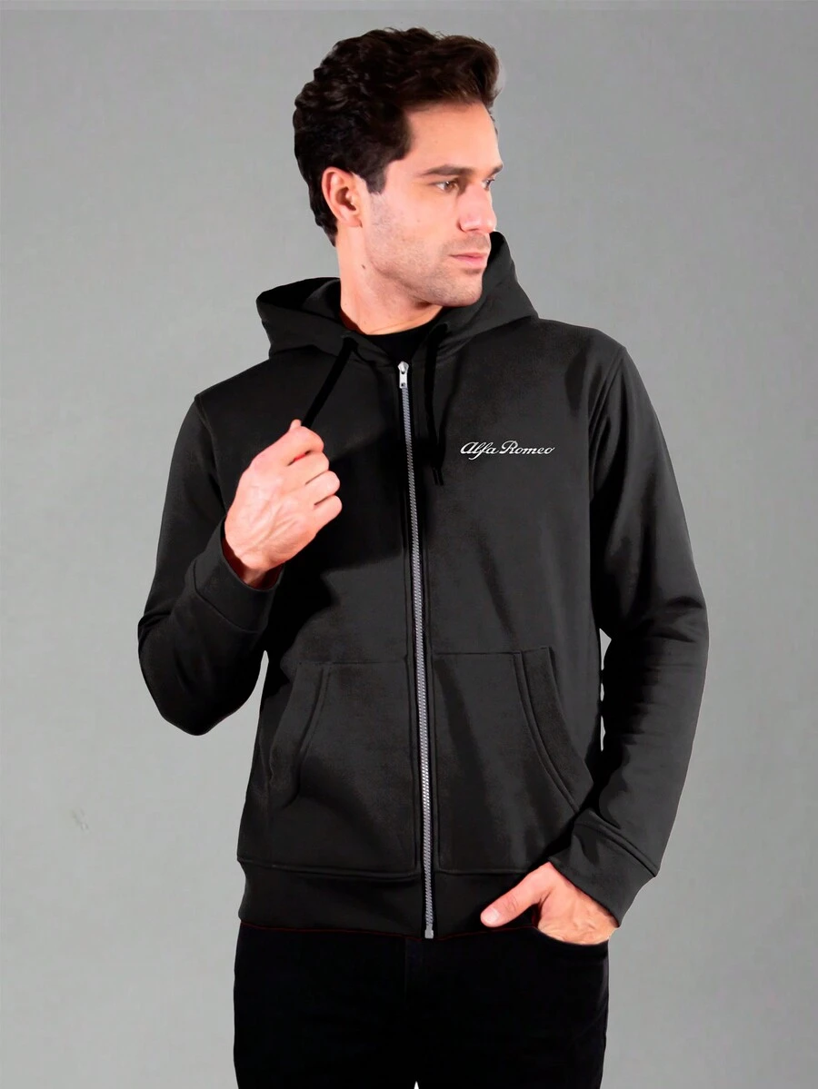Alfa Romeo Men's Solid Color Zip-Up Design Sweatshirt With Pocket - Black - View 1