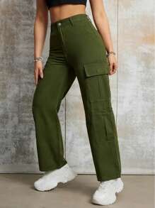 Women's Casual Cargo Pants With Flap Pockets - Loose Fit, Blend, Machine Washable - Hip-Hop Style