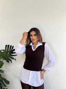 V-Neck Braided Knit Sweater Vest - Rust Brown - View 2
