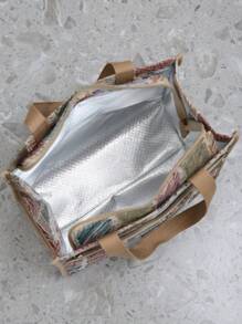 新款加厚提花针织面料手提袋，大容量午餐盒保温冷藏袋，适合带午餐上班、户外野餐、餐盒收纳，带铝箔衬里和前拉链口袋午餐袋女士午餐盒袋女士学校用品配件 - 卡其色 - 查看 7