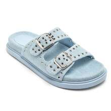 Flat Sandal With Double Straps And Metal Buckles - JEANS - View 3