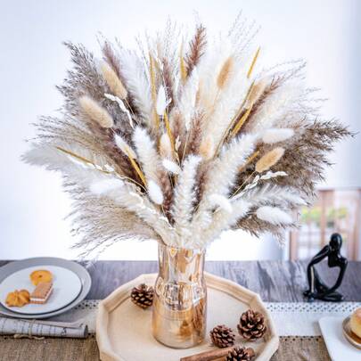 74/115 Pcs Dried Pampas Grass Decor, Boho Style Tabletop Decor, Bunny Tail Dried Flowers, Brown & White Pampas Grass For Wedding, Home, Rustic Party, Bridal Shower, Valentine's Day,Fall Decor,Autumn