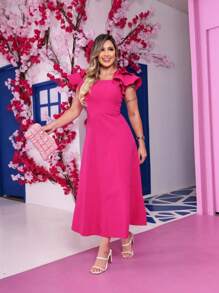 NEW!!! Aurora Dress With Details On The Midi Sleeve - Hot Pink - View 1