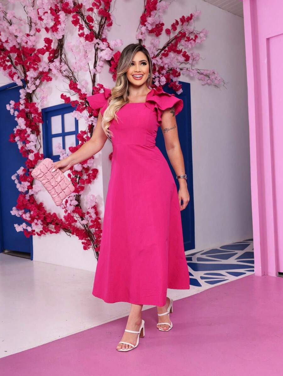 NEW!!! Aurora Dress With Details On The Midi Sleeve - Hot Pink - View 1