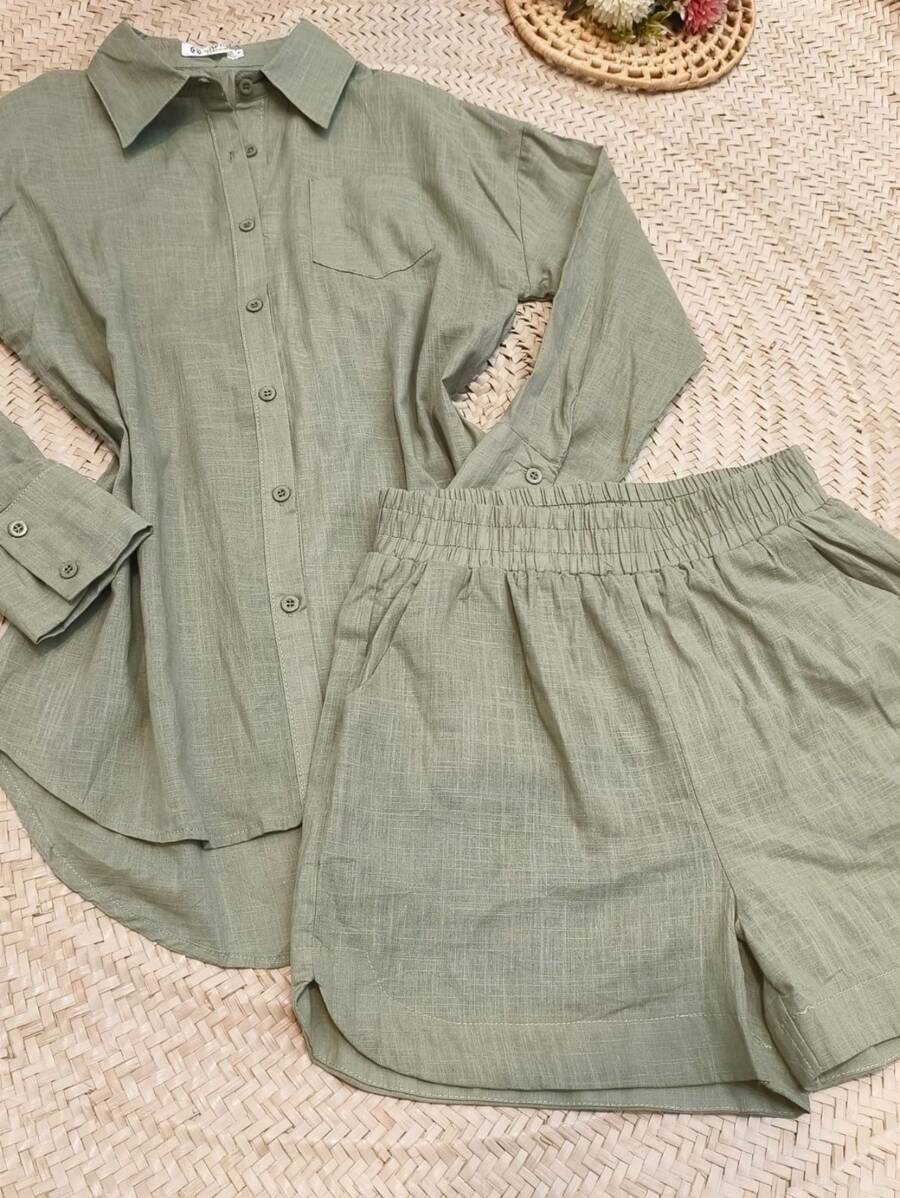 2pcs Shirt And Shorts Set - Army Green - View 1