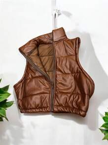 Chaleco puff de dama vinipiel - Camel - Ver 2