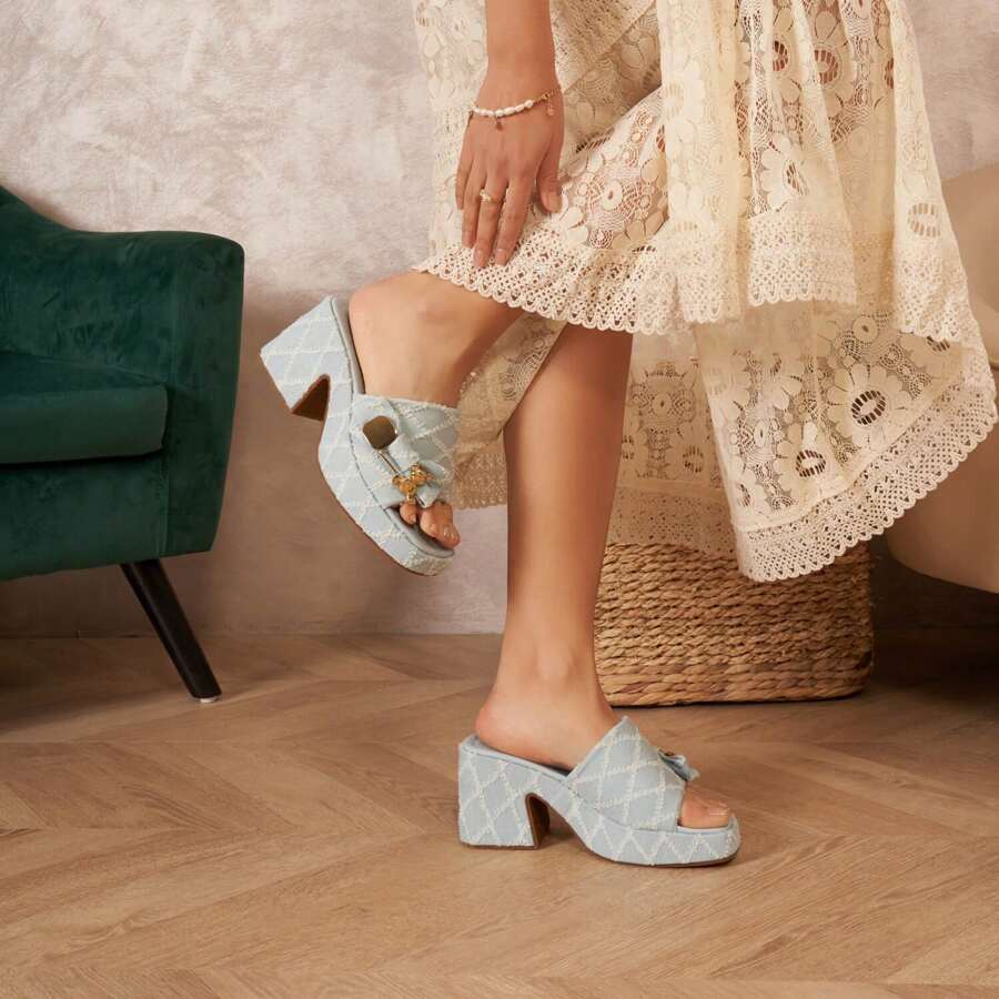Square Heel Mule With Decorative Detail And Metal Buckle - Light Blue - View 1