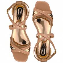 Women's Sandals With Low Thick Heel And Square Toe, X-Strap - Beis - Ver 3