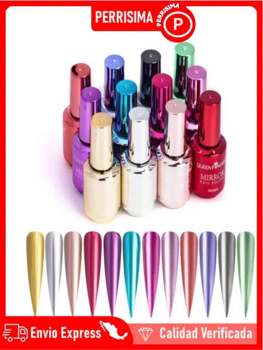 12 Esmalte Efecto Espejo Mirror Colores Metalicos Secado Rapido - Multicolor - Ver 1