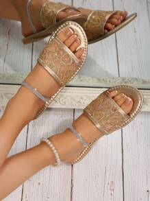 Flat Sequin Mesh Slippers For Women, Elegant Soft Bottom High-End Fashionable Gold Color Sandals, Summer 2025 New Arrivals - Gold - View 7