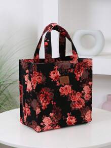 New Thick Flower Print Fabric Tote Bag, Large Capacity Portable Lunch Box Organizer Bag, Suitable For Work Commuting, Carrying Lunch, Outdoor Shopping, Lunch Box Storage, Daily Use, Lunch Bag, Hand Carry Bag. Retro Style For Back To School Season Insulated Woman Lunch Box Bag For Women Ladies School Supplies Stuff Accessories - Burgundy - View 3