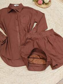 2pcs Shirt And Shorts Set - Brown - View 2
