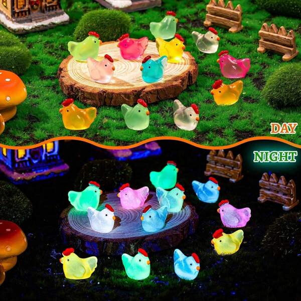 12/24/36/48/60 pièces Mini figurines de poulet lumineux en résine, animaux miniatures, 8 couleurs, poussins miniatures luminescents dans le noir pour maison de poupée, micro paysage, DIY, décoration de fête à la maison et en extérieur