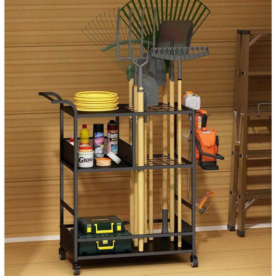 GILLAS Garden Tool Organizer Cart Yard Tool Organizer For Garage Up To 35 Long-Handled Tool Storage Rack Yard Tool Holder For Rakes Brooms Shovles Outdoor Use Garden Tool Utility Cart - Black1 - View 1