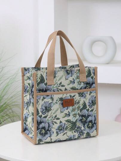 DLIU New Thickened Jacquard Fabric Tote Bag, Lunch Bag, Bento Bag, Lunch Box Bag, Carry Bag, Miscellaneous Bag With Aluminum Foil Insulation Layer, Portable For Work, Zipper Closure (Not Fully Closed)