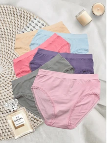Paquete Set de 6 Calzones Corte Bikini Panties a la Cadera Ropa Interior de Mujer de Algodón de Encaje Materiales 95% Algodón 5% Spandex Tejido Elástico Material Transpirable Tela Suave al Tacto Ropa Interior Cómoda Diseño Ajustable Ideal para Uso Diario Unitalla Corte a la Cadera Banda Ancha Elástica Encaje Decorativo en Piernas Textura de Rayas Ajuste Perfecto para Tallas 5, 7 y 9 Diseño Liso Básico con Detalles Modernos Clásico y Femenino Colores Surtidos Multicolor Beige, Morado, Verde Militar, Azul Cielo, Rosa, Rosa Palo,  Ideal para Tallas Chicas a Medianas Cubre las Caderas Perfectamente Minimalista Flexible y Ligero Costuras Suaves Uso Diario Perfecto para Pantalones, Faldas o Vestidos, Ideal para Mujeres Activas, No aprieta ni Deja Marcas, Durable y Resistente al Lavado, Textura de Rayas, Discreto y Elegante, Cobertura Media Elasticidad en Cintura - Multicolor - Ver 2