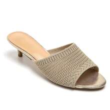 Zapatos mule con tacón de bloque, correa ancha, decoración metálica - Dorado - Ver 2