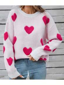 Women's Autumn Winter Knit Sweater Long Sleeve Crewneck Heart Print Casual Knitwear