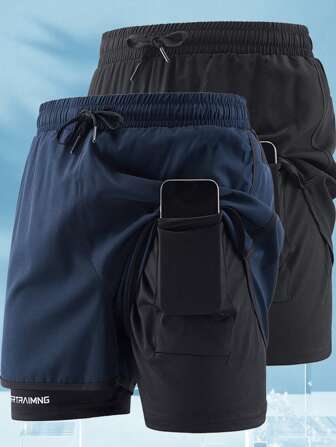 2pcs Men's Shorts Set, New Design With Internal Pocket, 5" And 3" Inseam, Sports Activewear, Anti-Chafing
