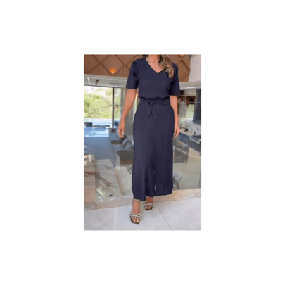 Conjunto Feminino Blusa Manga Curta e Saia Midi Com Fenda Linho Casual