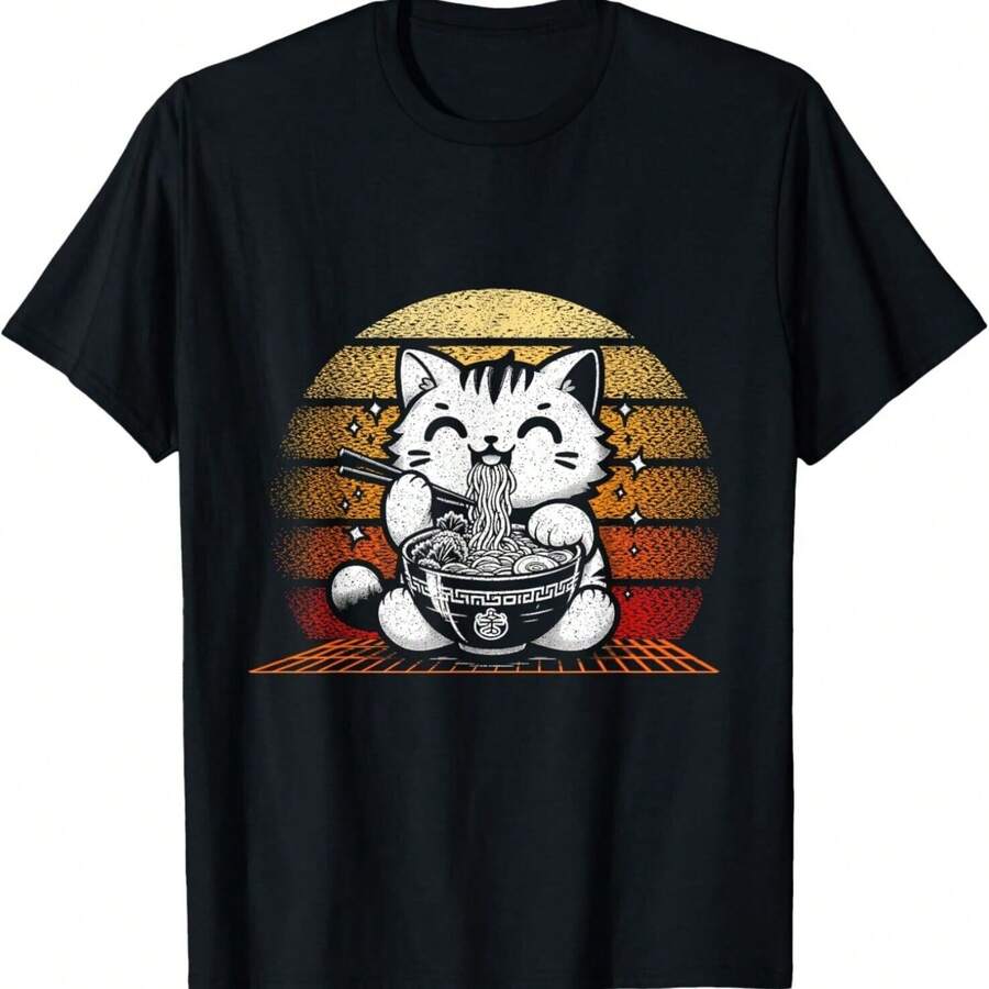 Cat Eating Ramen Noodles Eater Ramen Food Lovers Gift Unisex T-Shirt - Black - View 1