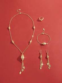 1 套时尚铜首饰套件，包括项链、手镯、戒指、耳环，适合休闲、派对、约会、圣诞节礼物，适合送给女性、女朋友、父母 - 金色 - 查看 15