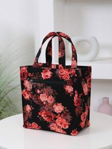 New Thick Flower Print Fabric Tote Bag, Large Capacity Portable Lunch Box Organizer Bag, Suitable For Work Commuting, Carrying Lunch, Outdoor Shopping, Lunch Box Storage, Daily Use, Lunch Bag, Hand Carry Bag. Retro Style For Back To School Season Insulated Woman Lunch Box Bag For Women Ladies School Supplies Stuff Accessories - Burgundy - View 5