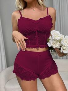 CONJUNTO DE TOP Y SHORT CON ENCAJE EN CONTRASTE  Y DETALLE EN MOÑO - Rojo violeta - Ver 2