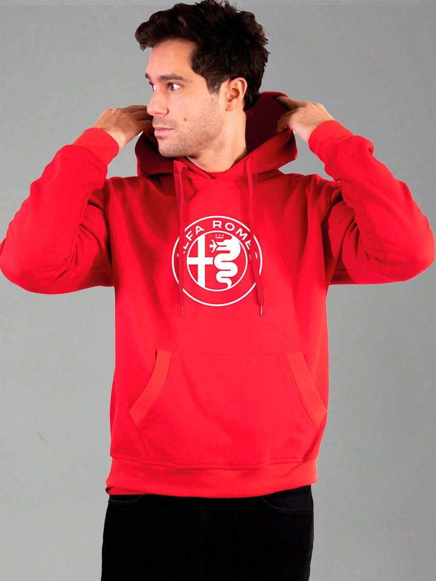 Alfa Romeo Men's Solid Color Drawstring Design Sweatshirt With Pocket - Red - View 1