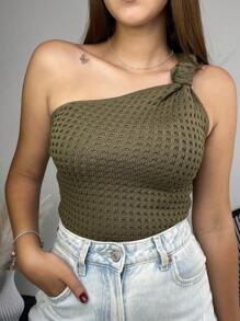 Women's Cropped Blouse Tricot Modal One Shoulder Mule Manca Hole Side Knot Summer Premium - 墨綠色 - 查看 2
