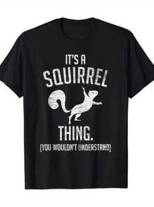 Forest Squirrel Pattern Printed T-Shirt, 1 Piece, 100% Cotton, Seasonal Casual Men's T-Shirt, Round Neck Pure Cotton Short Sleeved T-Shirt, Outdoor Sports, Holiday Gift - Black - View 1