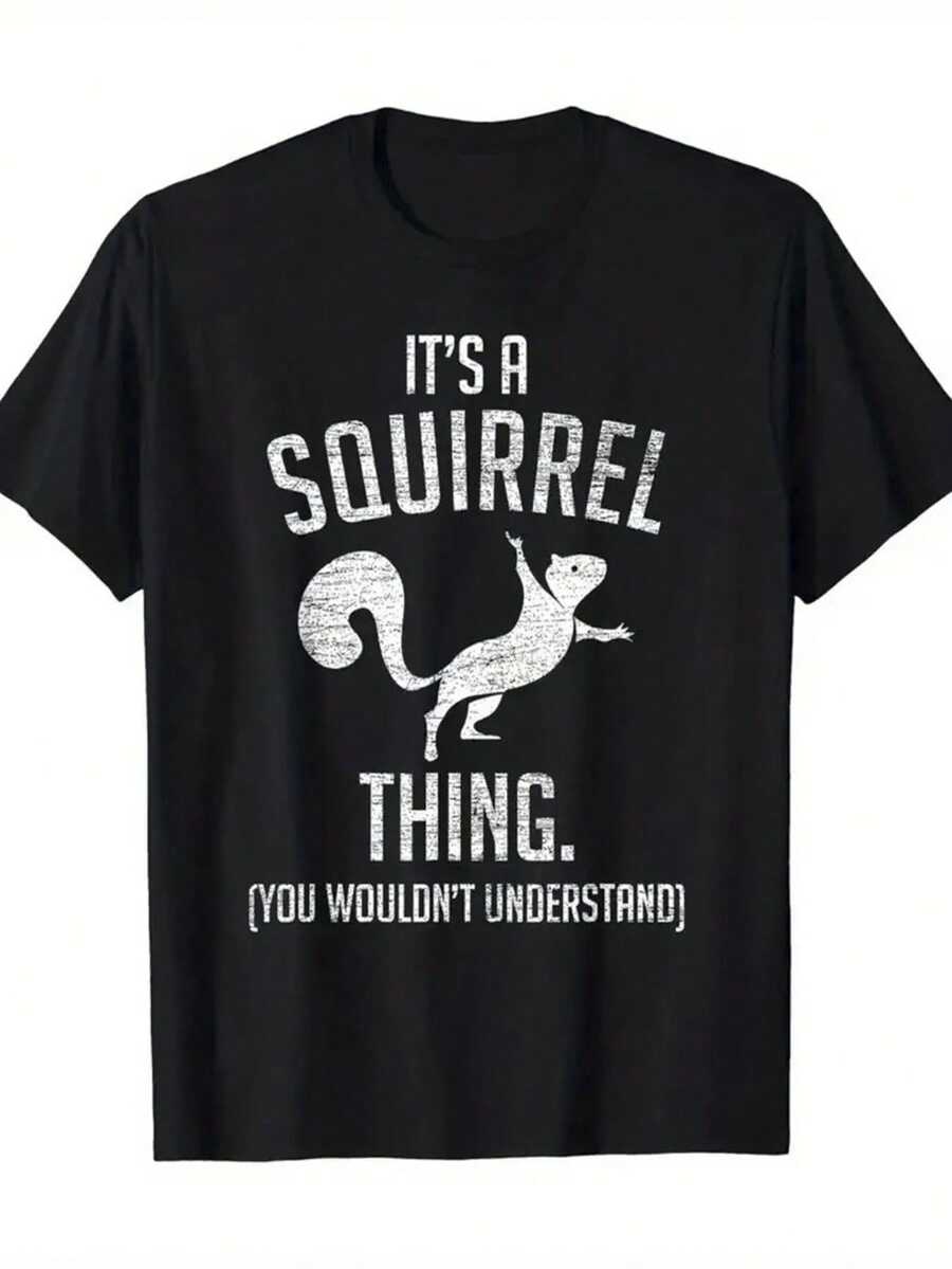 Forest Squirrel Pattern Printed T-Shirt, 1 Piece, 100% Cotton, Seasonal Casual Men's T-Shirt, Round Neck Pure Cotton Short Sleeved T-Shirt, Outdoor Sports, Holiday Gift - Black - View 1