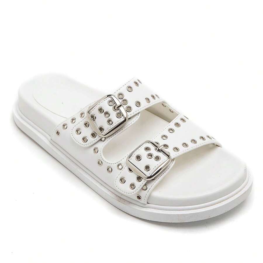 Flat Sandal With Double Straps And Metal Buckles - White - View 1