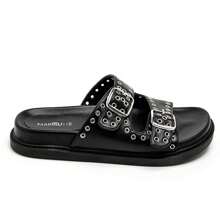 Flat Sandal With Double Straps And Metal Buckles - Black - View 2
