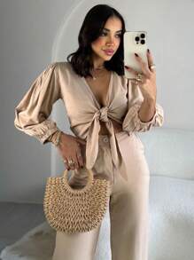 Lunii Viscose Top And Pants Set With Puff Sleeves - 米色 - 查看 5