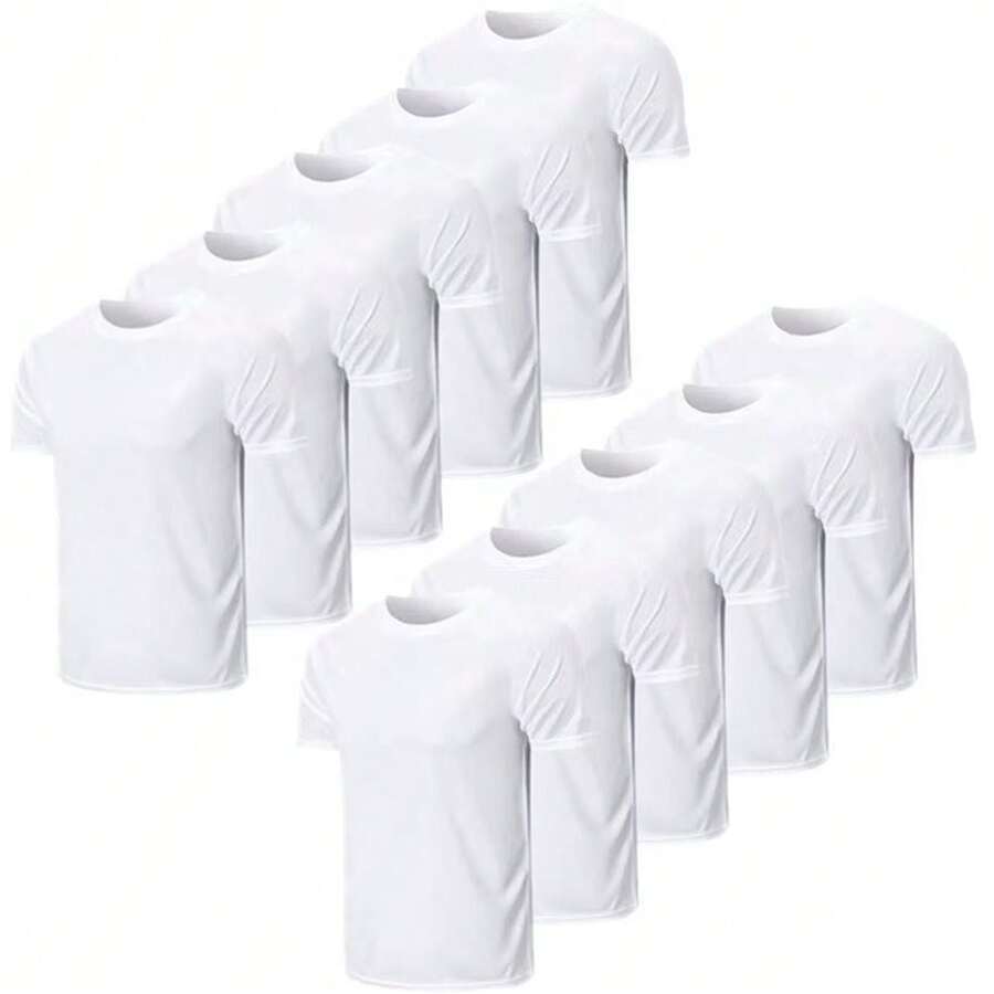 Kit 10 Basic T-Shirts 100% Polyester Short Sleeve Men's Casual Blouse Training Uniform - White - View 1