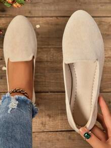 Women's Plain Pattern Medium Width Pointed Toe Textile Flat Shoes, Casual Comfortable Slip On Shoes For Daily, Footwear Walking Shoes For Fall 2024 - 卡其色 - 查看 1