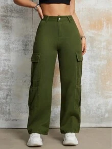 Women's Casual Cargo Pants With Flap Pockets - Loose Fit, Blend, Machine Washable - Hip-Hop Style