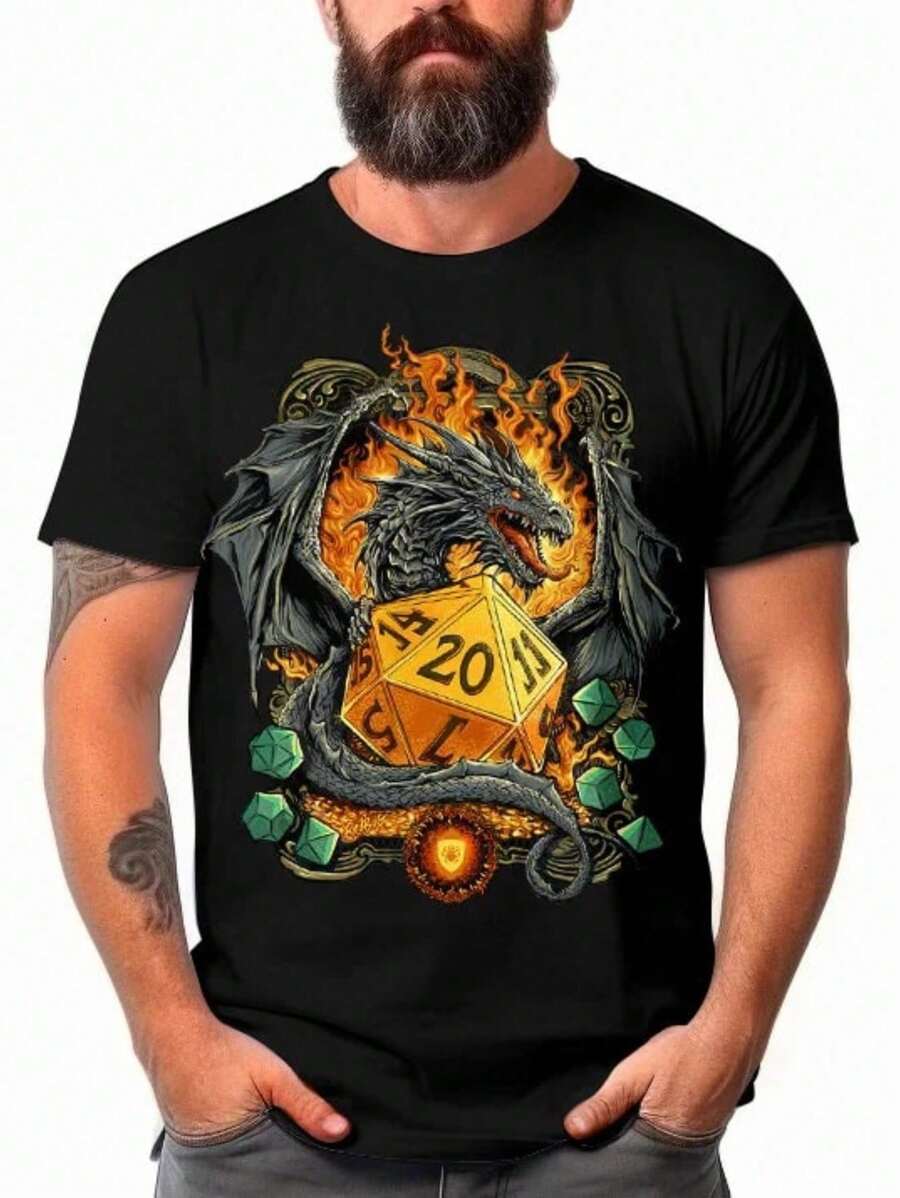 Dungeons Dragons T-Shirt D&D D20 RPG Dragon Shirt Blouse Unisex Male Female 100% Cotton Top Premium Streetwear New Release Immediate Shipping Various Colors!! Plus Size - 黑色 - 查看 1