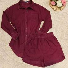 2pcs Shirt And Shorts Set - Burgundy - View 1