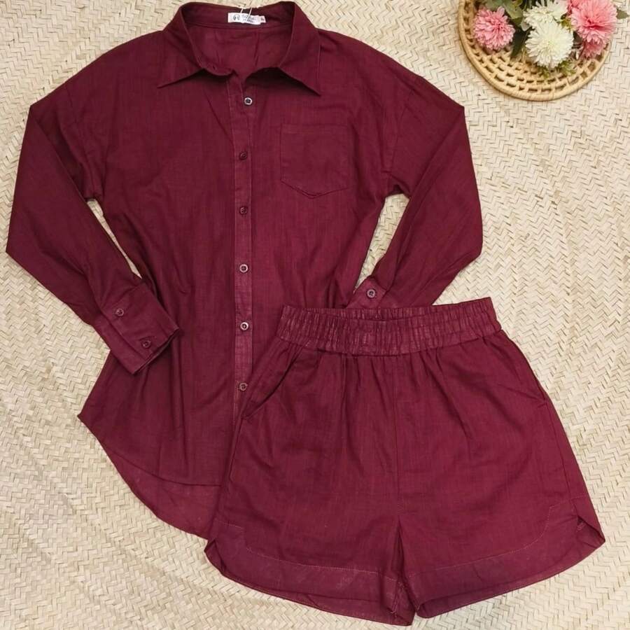 2pcs Shirt And Shorts Set - Burgundy - View 1
