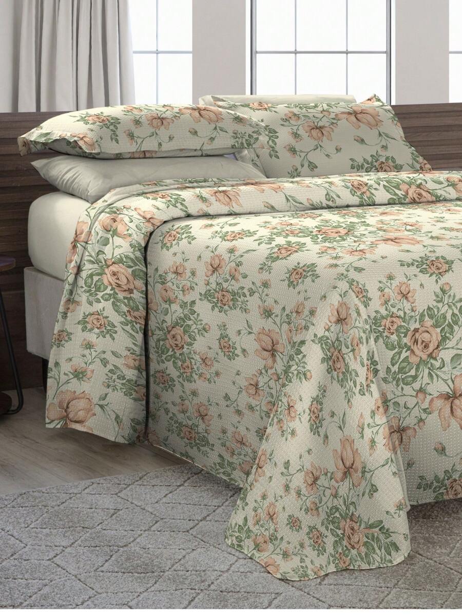 Piquet Madrid Bedspread Bedspread Double Pattern 3 Pieces Printed Cotton Fabric Various Prints - Blommor 2 - Visa 1