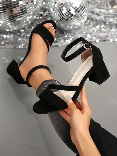 女士单扣露趾高跟凉鞋，性感派对庆祝高跟鞋，夏季绒面粗跟凉鞋