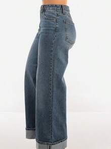 Super High Waist Cuffed Wide Leg Cotton Jeans Dark Wash