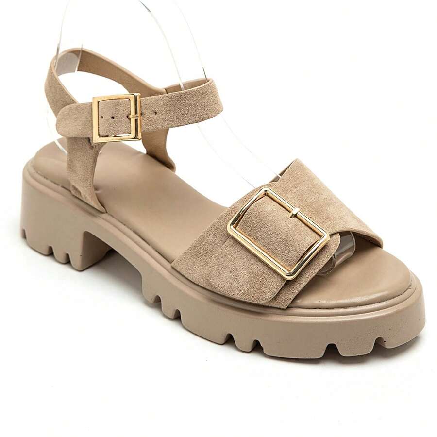 Women's Buckle Design Casual Fashionable Flat Sandals - Khaki - View 1