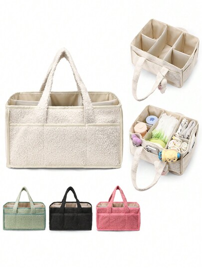 1pc Diaper Bag, Large Capacity Soft Plush Baby Diaper Storage Basket For Travel, Mom Essentials